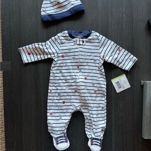 Little Me Navy and White Striped Baby Footie with Hat
